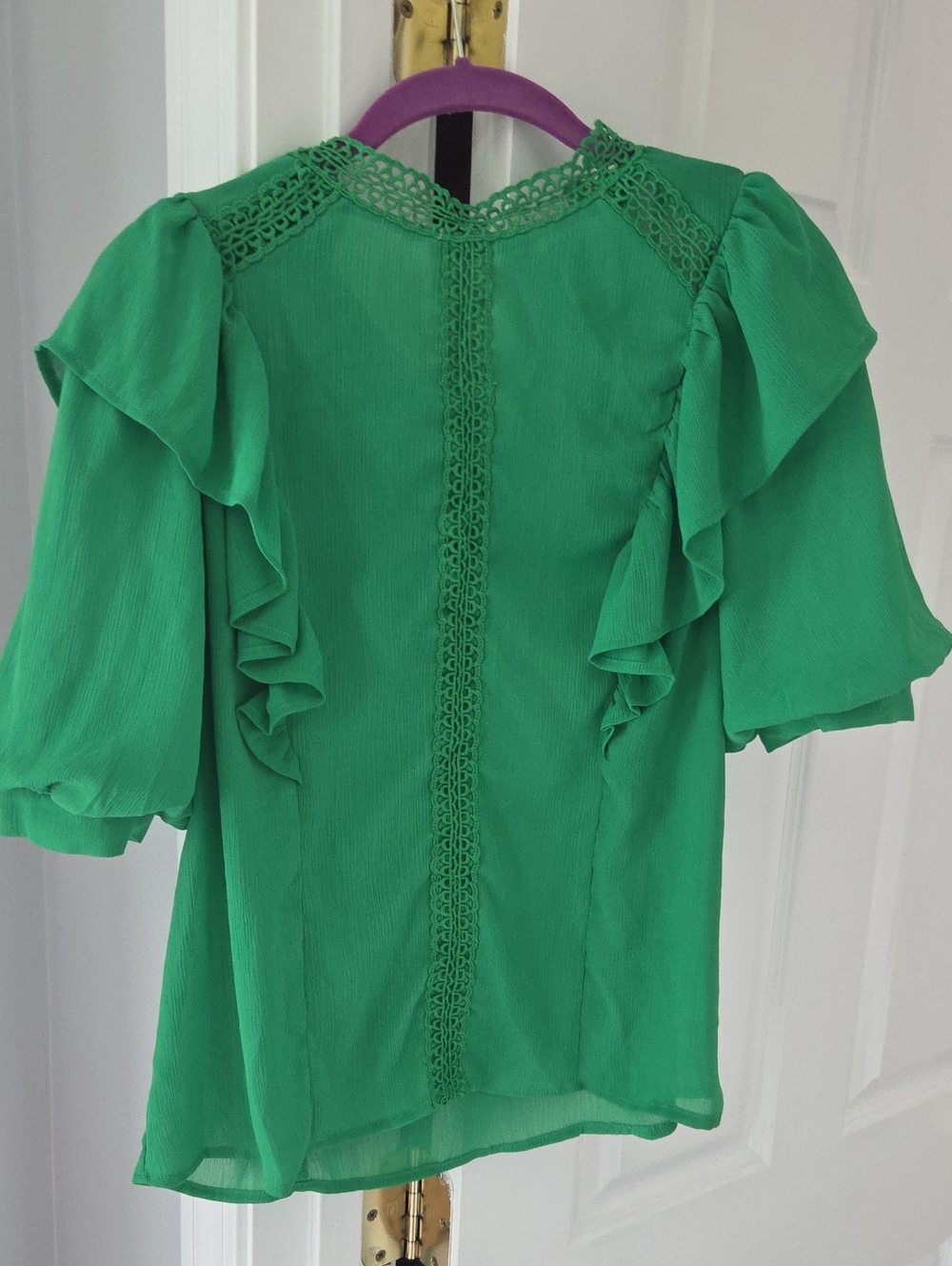 Lace-Trim Ruffle Sleeve Green Blouse
